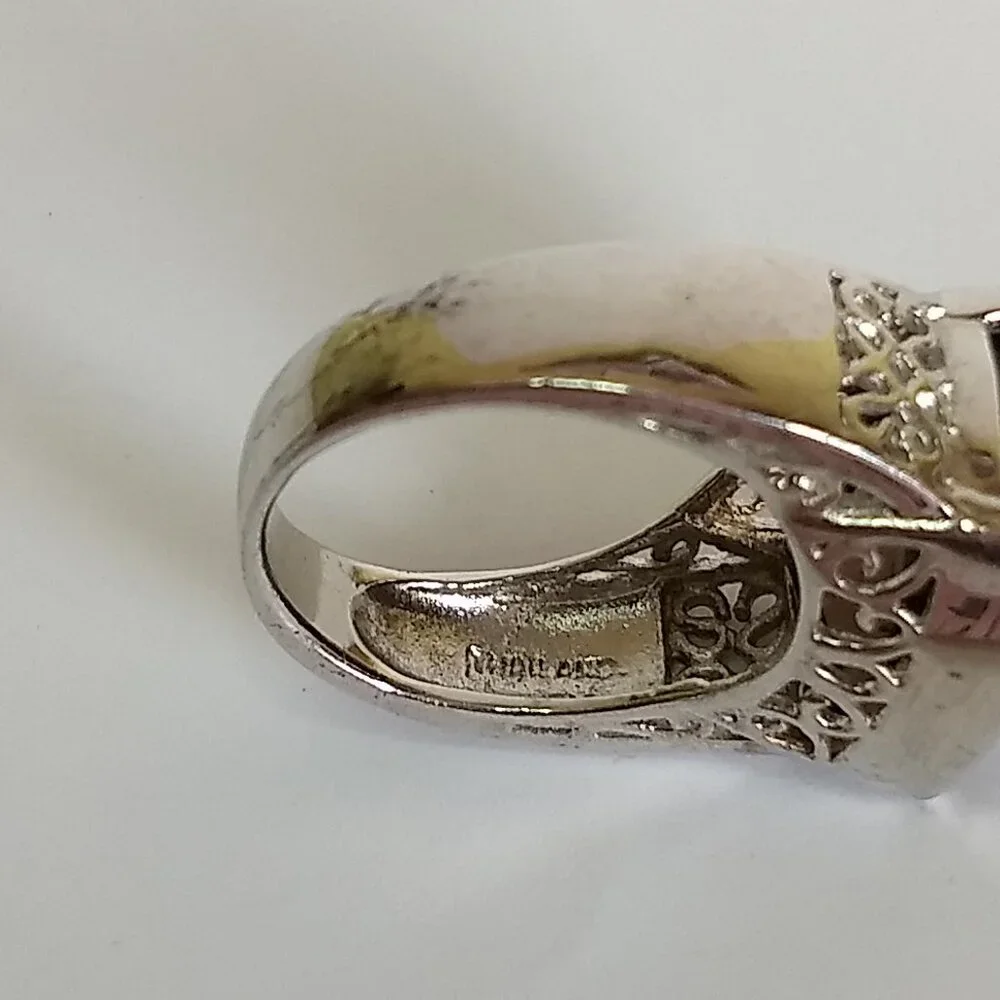 Chocolate Brown Faceted Stone Ring Openwork Sides Silver Tone Ring Size 6.5